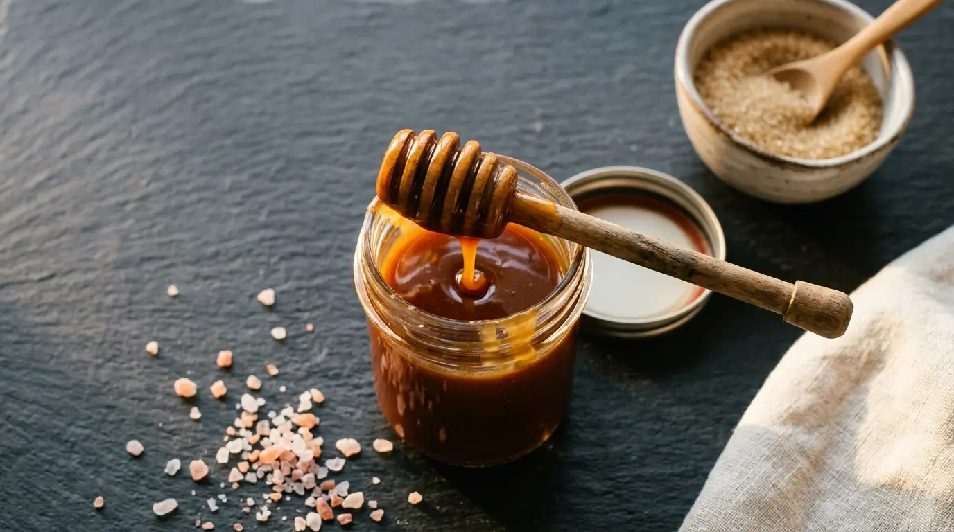 A jar of glossy amber pink salt caramel sauce with a wooden honey dipper and flaky pink Himalayan salt crystals on a dark slate surface