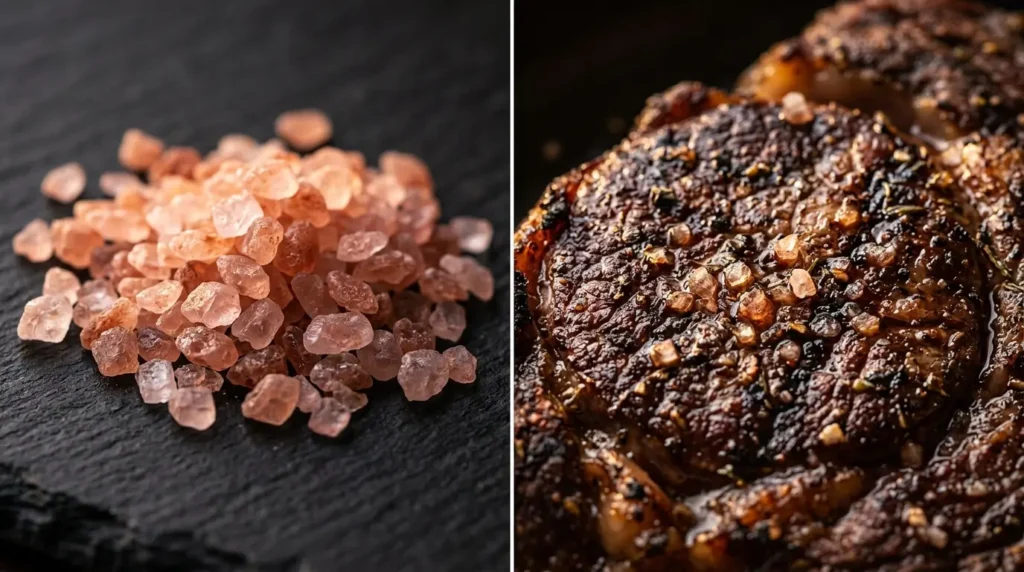 Side-by-side macro of coarse pink Himalayan salt crystals and the seared steak crust they produce