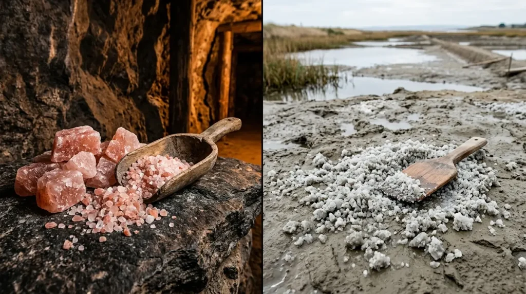 Pink Himalayan salt from a mine environment compared to hand-harvested Celtic sea salt on clay