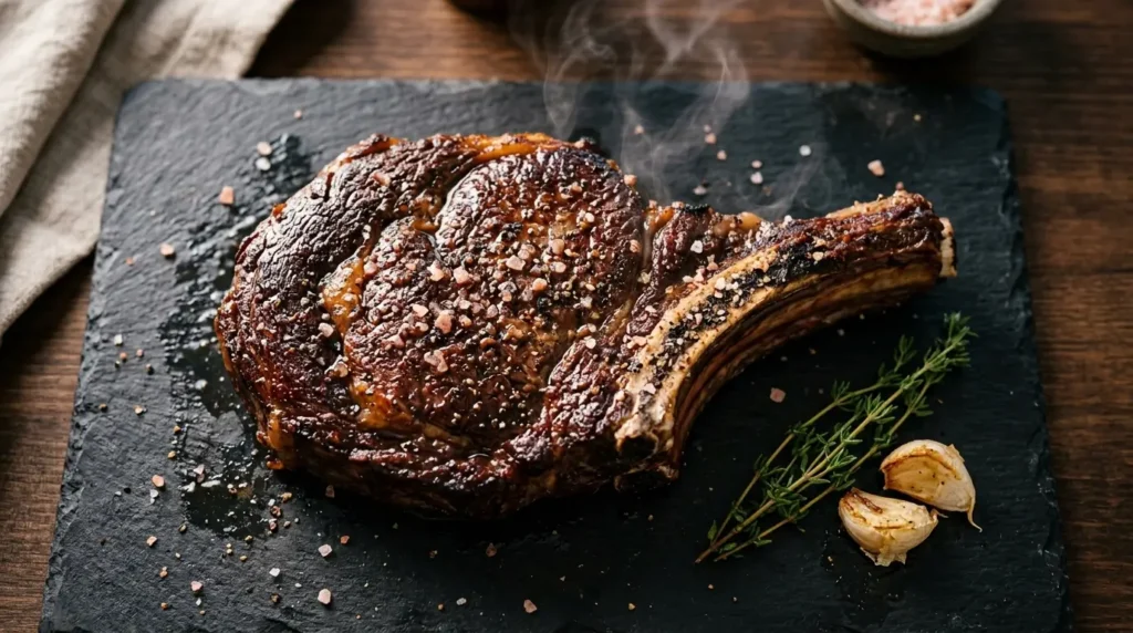 Bone-in ribeye with a coarse pink Himalayan salt crust resting on a slate board with thyme and garlic
