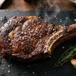 Bone-in ribeye with a coarse pink Himalayan salt crust resting on a slate board with thyme and garlic