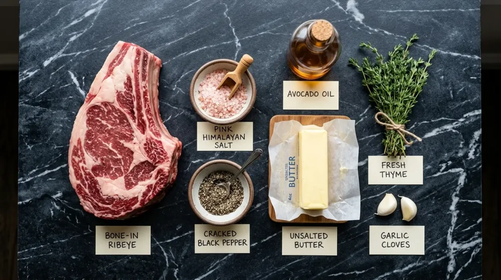 Ingredients for pink salt steak laid out on dark marble — ribeye, coarse pink Himalayan salt, butter, garlic, thyme, and avocado oil