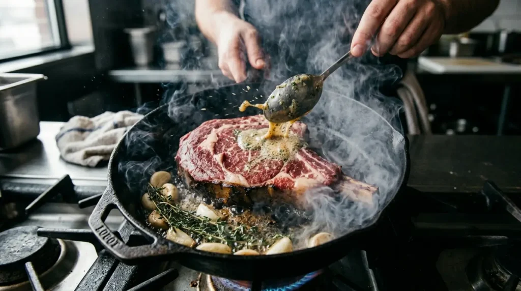 Ribeye steak searing in a cast iron skillet being basted with foaming herb butter, garlic, and thyme