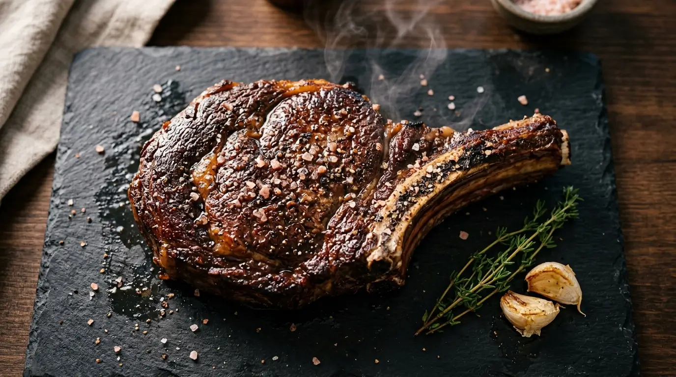 Bone-in ribeye with a coarse pink Himalayan salt crust resting on a slate board with thyme and garlic