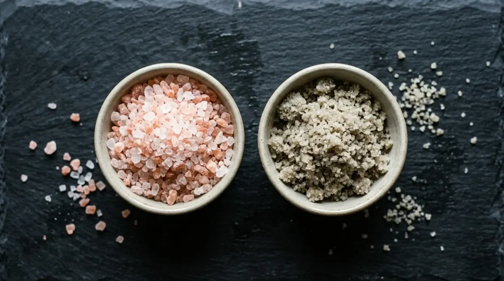Pink Himalayan salt and Celtic sea salt side by side in ceramic bowls on slate