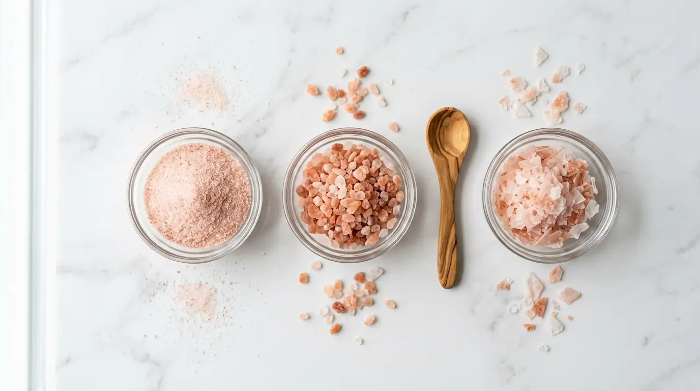 Three glass bowls of Himalayan pink salt showing fine grain, coarse crystals, and finishing flakes on a white marble surface