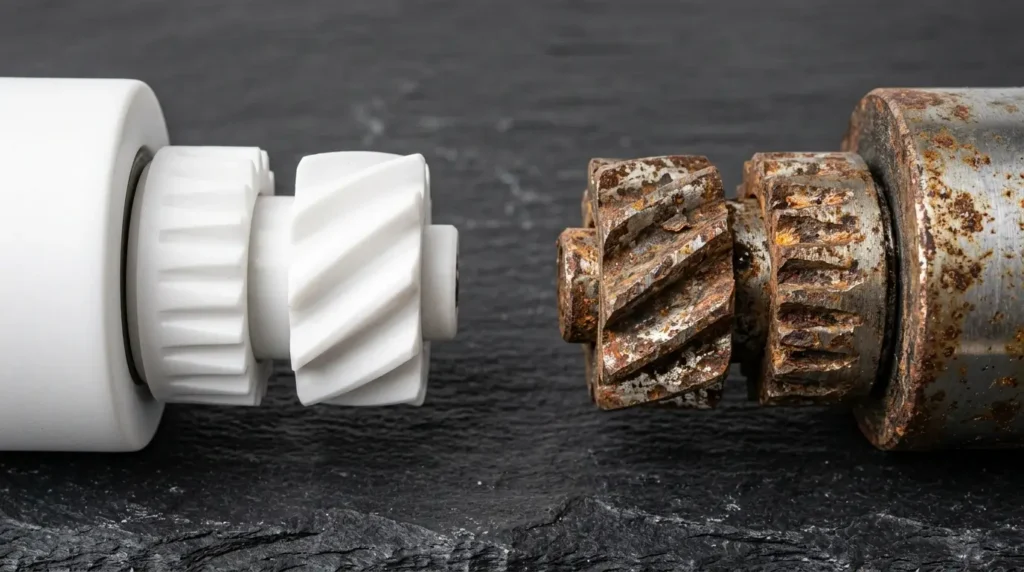 A clean white ceramic grinder mechanism next to a corroded steel mechanism on a dark slate surface, showing the contrast in durability