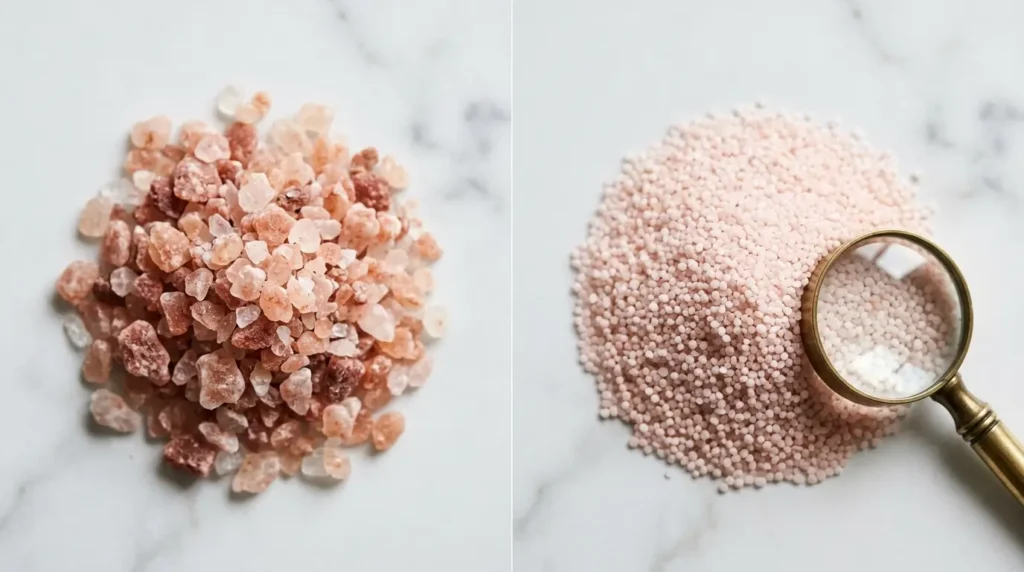 Two piles of pink salt side by side — natural irregular authentic crystals on the left, uniformly colored fake salt on the right, with a magnifying glass