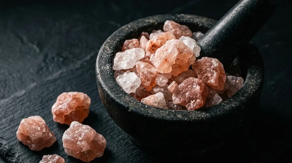 Large irregular coarse Himalayan pink salt crystals in a dark stone mortar, showing chunky texture and natural color variation