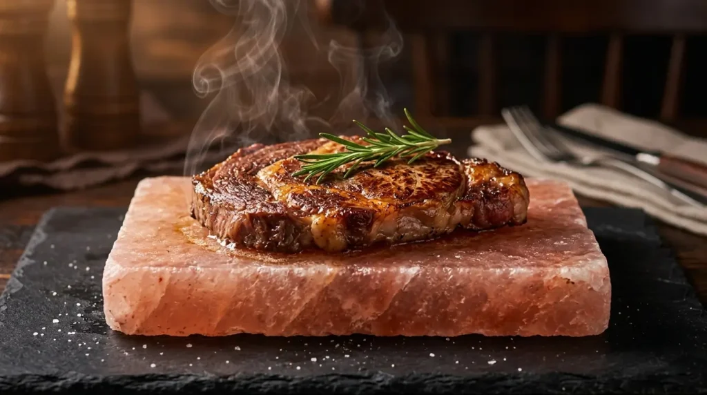 A thick Himalayan pink salt block with a seared ribeye steak resting on its surface, steam rising, dark rustic background