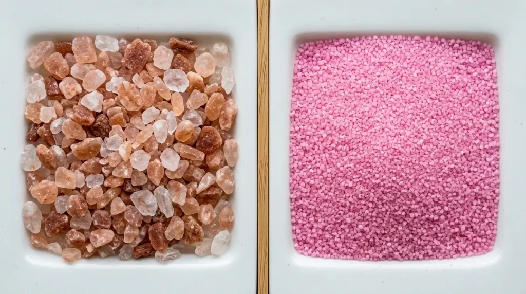 Macro close-up of two pink salts side by side: irregular, color-varied Himalayan salt crystals on the left and uniformly dyed pink curing salt granules on the right