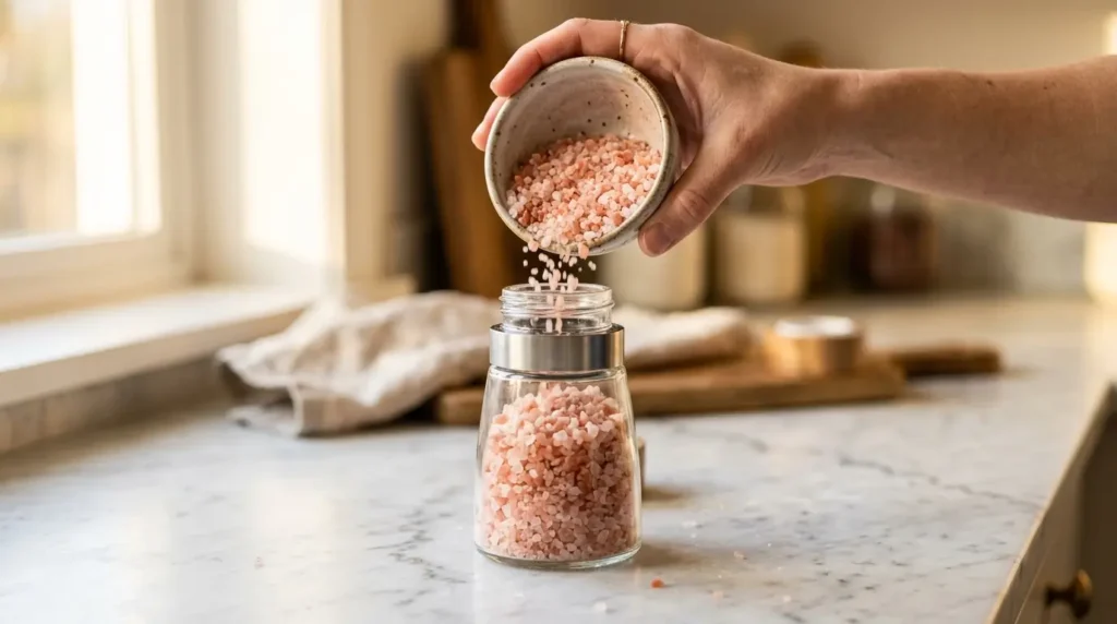 A hand pouring coarse pink Himalayan salt crystals into a glass grinder on a white marble countertop, filled to two-thirds capacity
