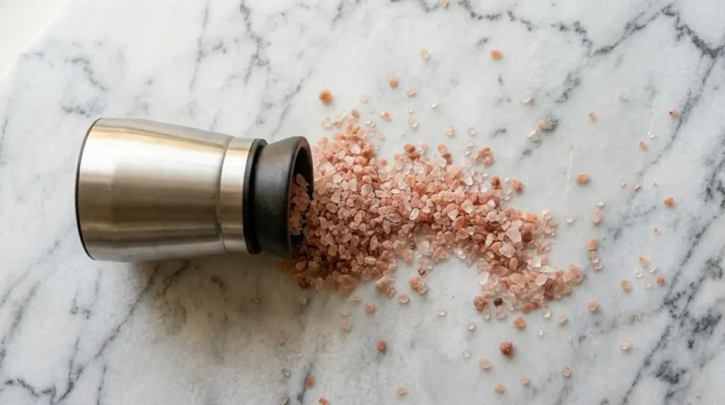 A ceramic salt grinder lying on its side with coarse pink Himalayan salt crystals spilling across a white marble surface