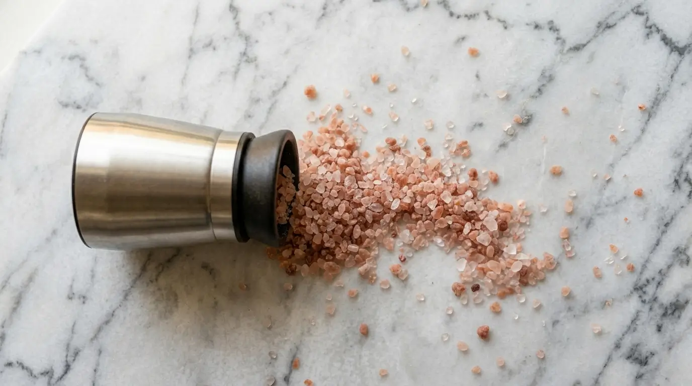 A ceramic salt grinder lying on its side with coarse pink Himalayan salt crystals spilling across a white marble surface