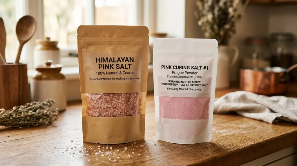 Two salt packages side by side: a Himalayan pink salt bag labeled "for cooking and seasoning, Product of Pakistan" and a pink curing salt package labeled "contains sodium nitrite, not for direct consumption"