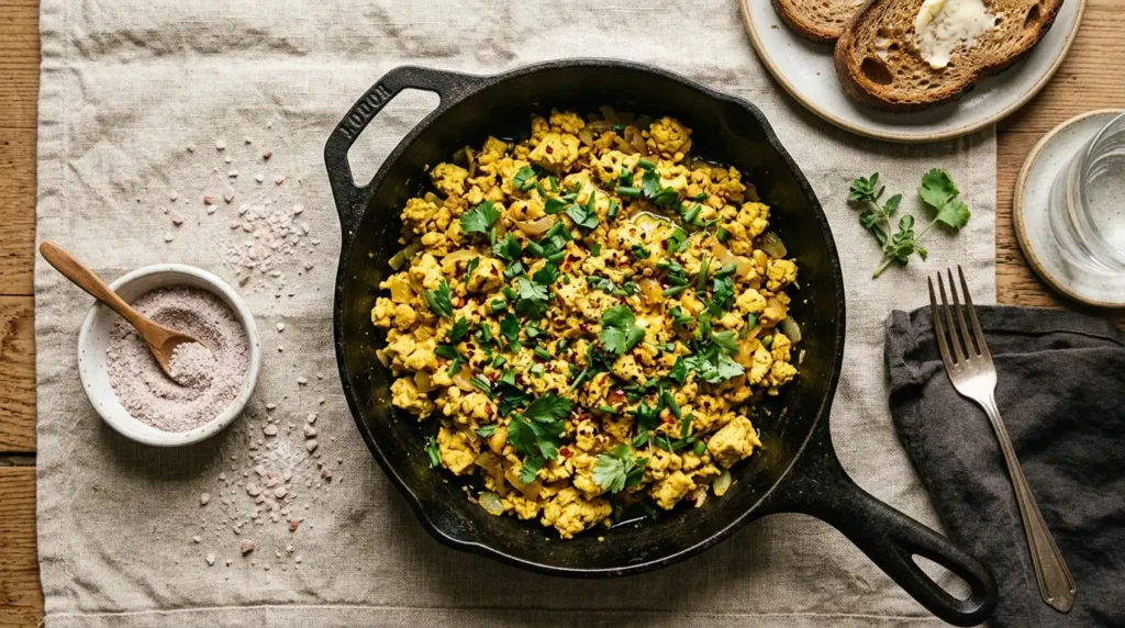 A bowl of pale pinkish-gray kala namak powder next to a golden turmeric tofu scramble in a black cast-iron skillet