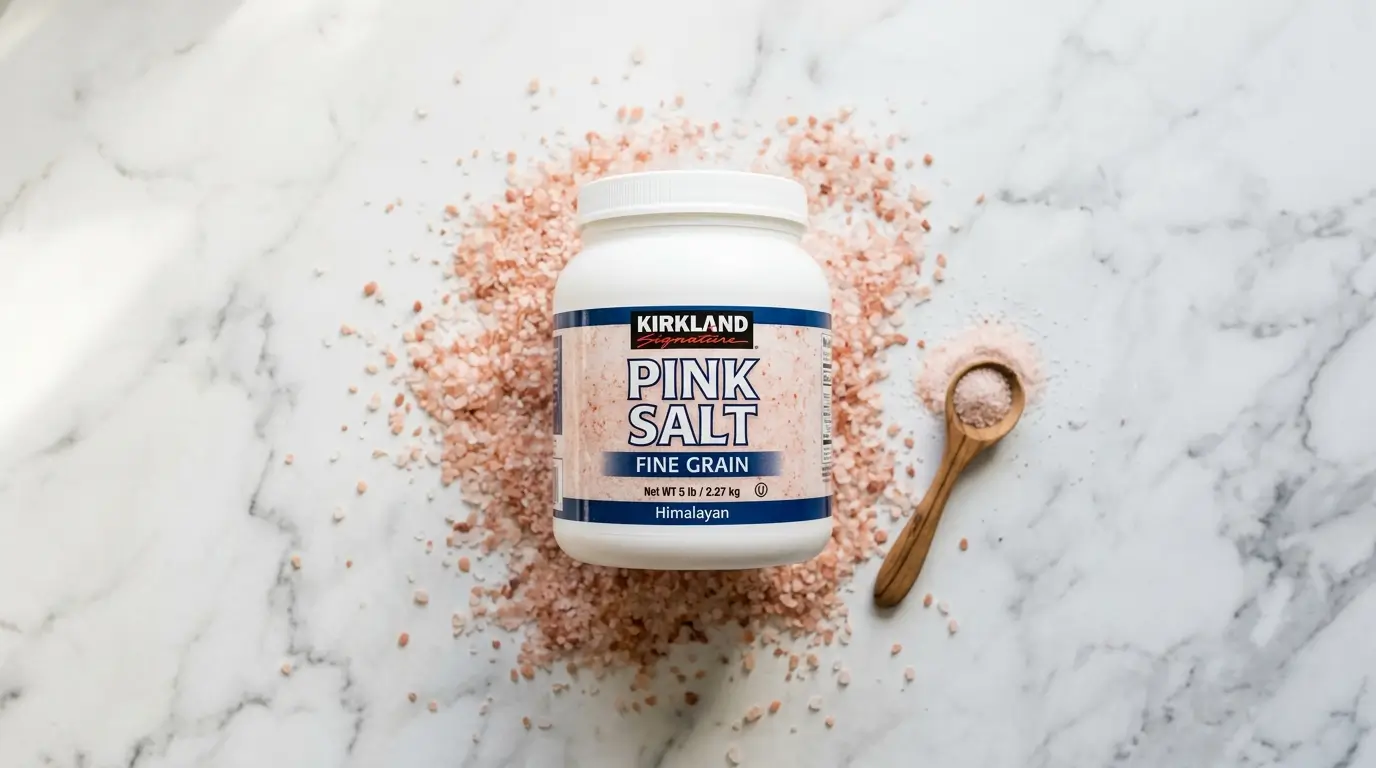 Kirkland Signature 5-pound fine grain pink salt jar on a marble surface with scattered pink salt crystals