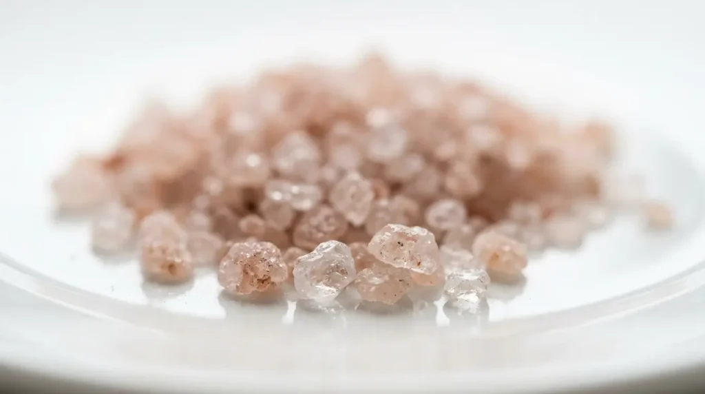 Macro close-up of fine Kirkland Himalayan pink salt crystals showing pale dusty rose color and uniform fine grain texture