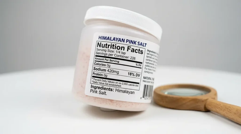 Close-up of Kirkland pink salt nutrition facts label showing 420mg sodium per serving with a magnifying glass beside the jar