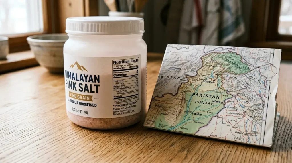 Kirkland pink salt jar showing "Product of Pakistan" label next to a map of Pakistan's Punjab region