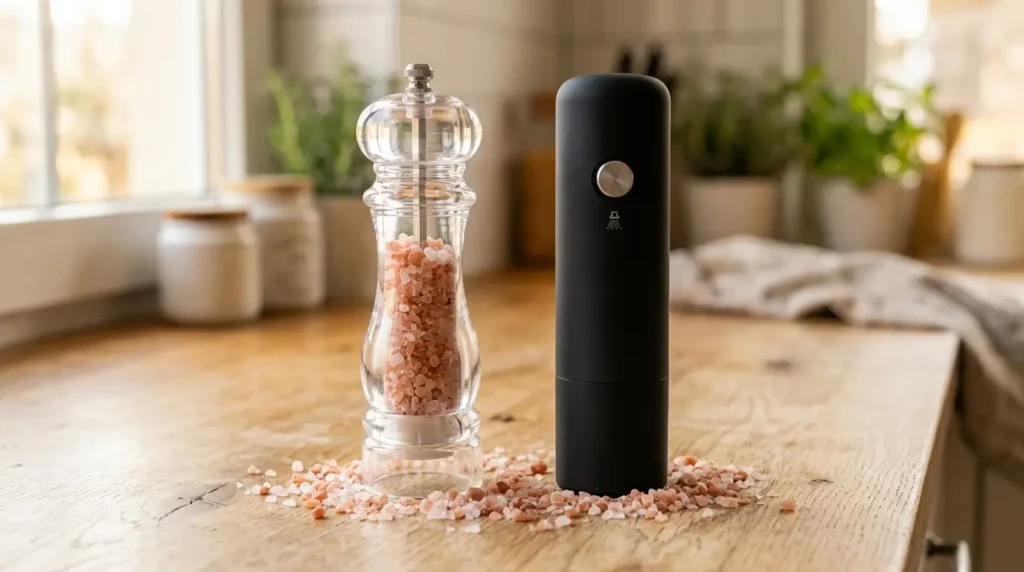 A manual glass salt grinder filled with pink Himalayan salt next to a black electric grinder on a light wood countertop