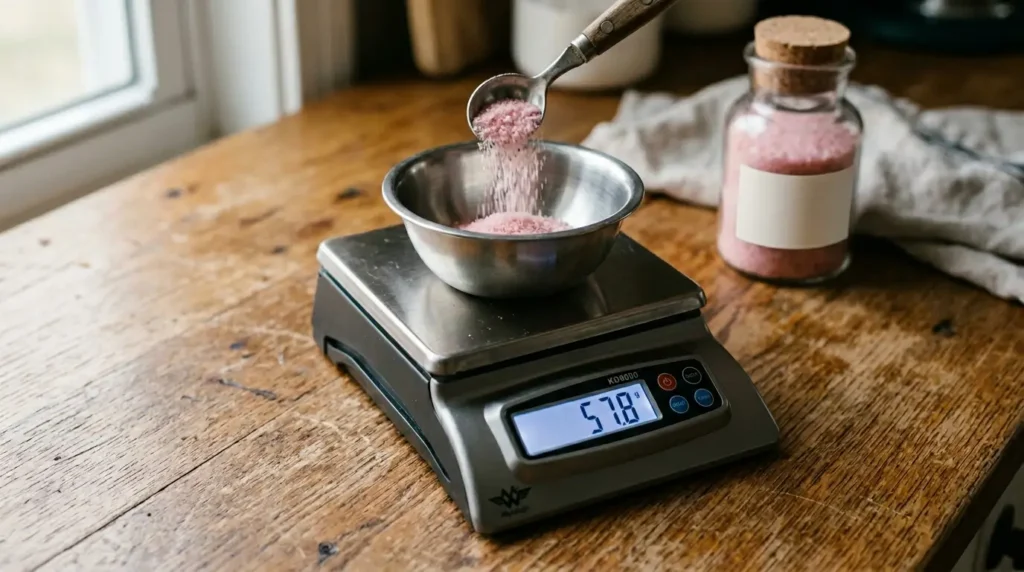A digital kitchen scale displaying a precise gram measurement while weighing pink curing salt for a curing recipe