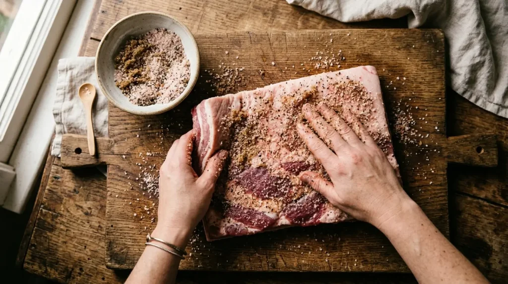 Hands rubbing a dry cure mixture containing pink curing salt onto raw pork belly before refrigeration