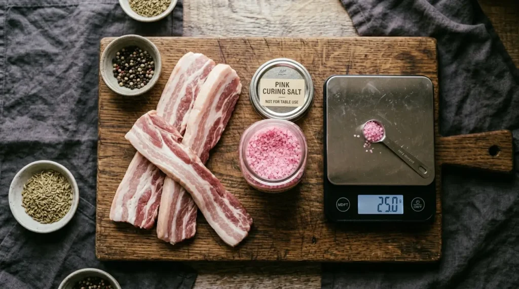 Jar of pink curing salt labeled for meat curing, placed beside raw pork belly and a kitchen scale