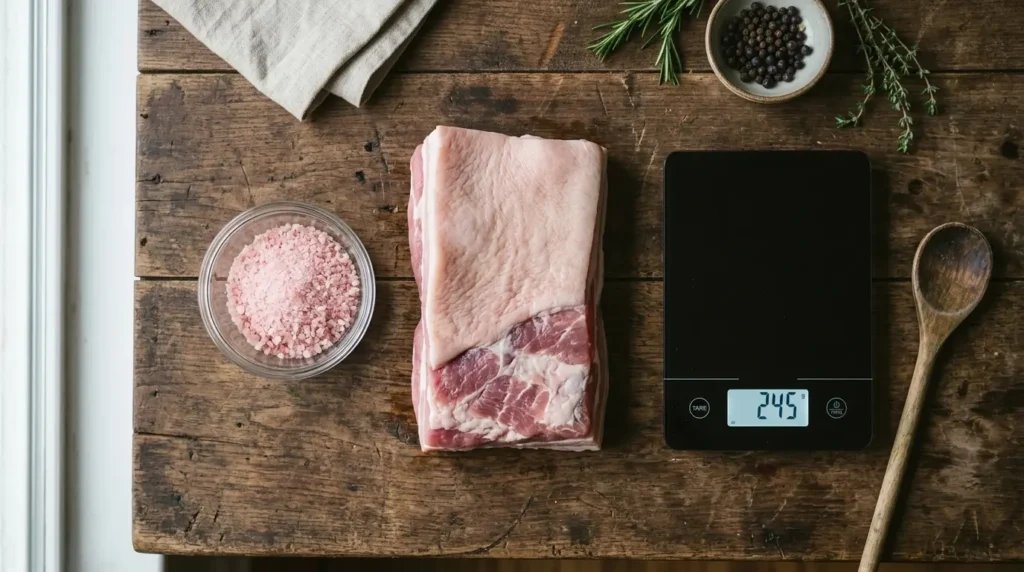 Pink curing salt in a small dish beside raw pork belly and a digital scale, set up for a home meat-curing project