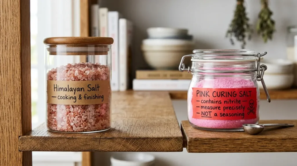 Two glass jars stored separately on a pantry shelf: one labeled "Himalayan Salt — cooking and finishing" and one labeled "Pink Curing Salt — contains nitrite — NOT a seasoning," with a dedicated measuring spoon next to the curing salt jar