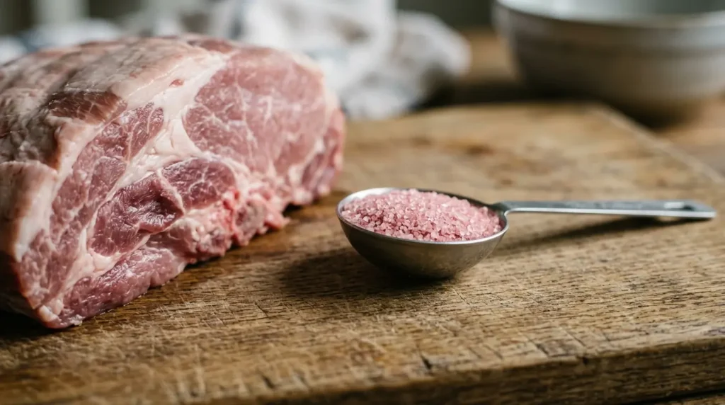 A level teaspoon of pink curing salt next to a five-pound cut of raw pork, illustrating the standard curing ratio