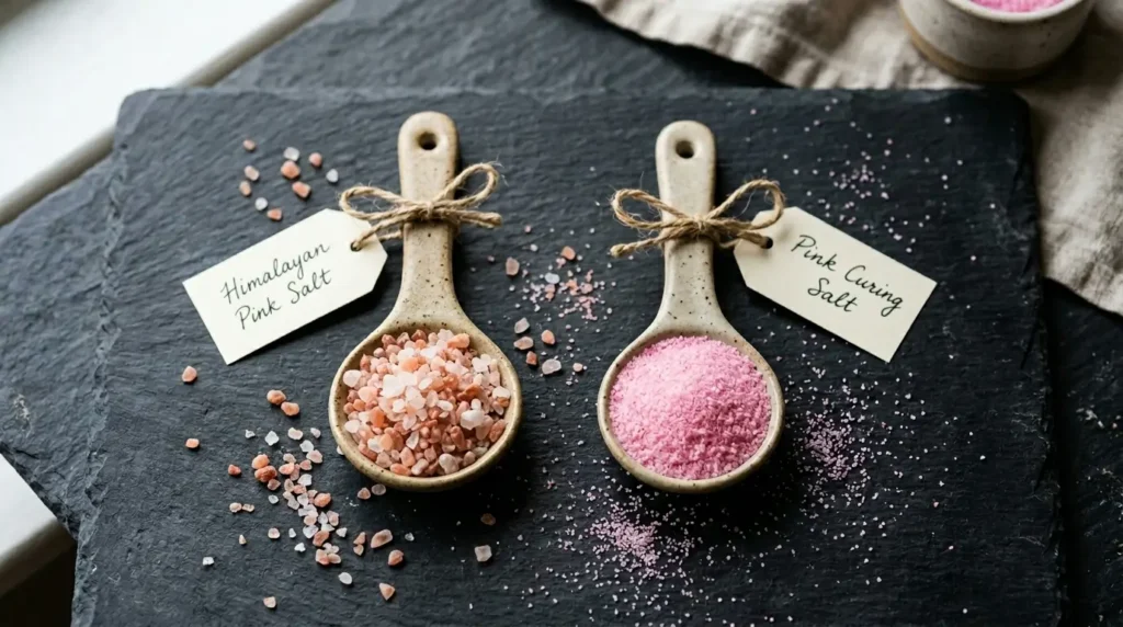 Two ceramic spoons on slate, one holding Himalayan pink salt and one holding pink curing salt, labeled with paper tags