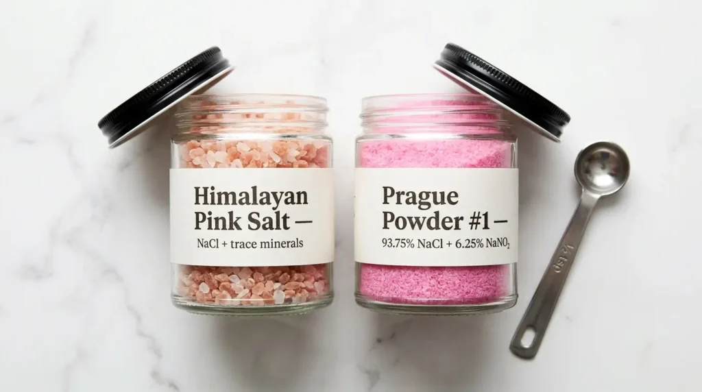 Two labeled glass jars on white marble: Himalayan pink salt with trace minerals on the left, Prague Powder curing salt with sodium nitrite on the right, with a small measuring spoon indicating precision use