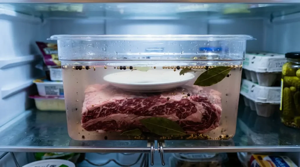 Raw beef brisket fully submerged in a pink-tinted brine with bay leaves and peppercorns inside a refrigerator