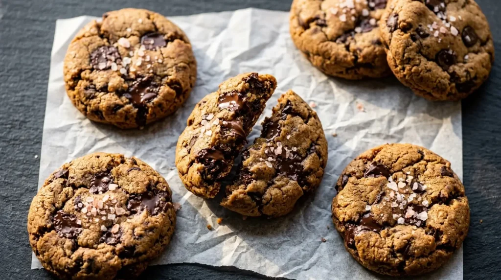 Overhead view of brown-butter chocolate chip cookies on parchment, one broken in half, topped with flaky pink Himalayan salt