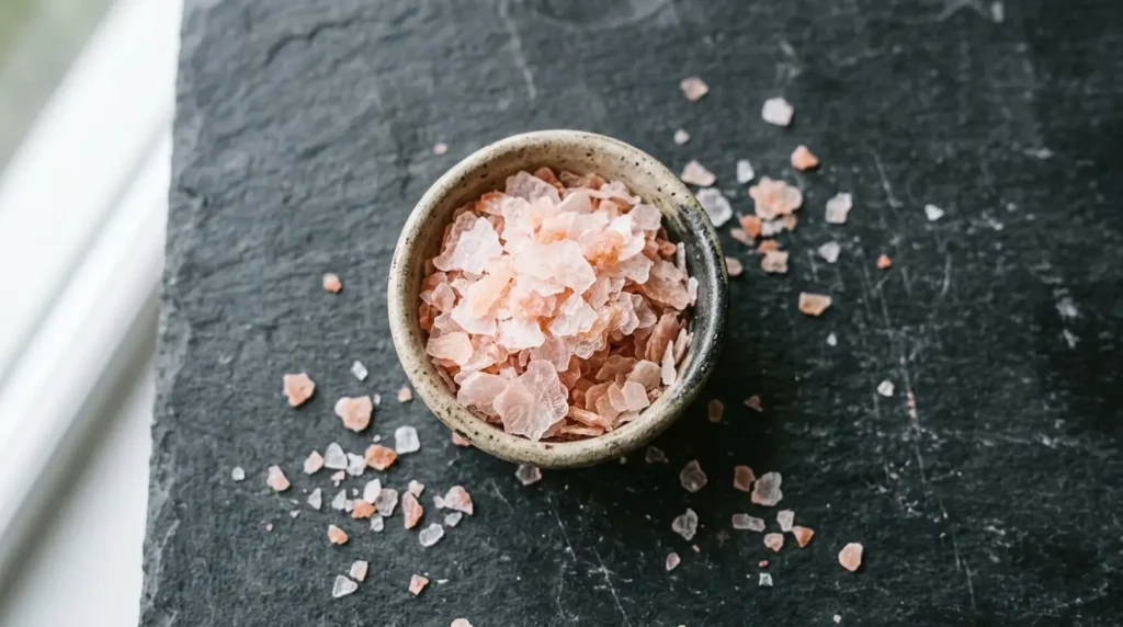 Close-up of pink Himalayan salt finishing flakes in a small white ceramic bowl on a dark slate surface