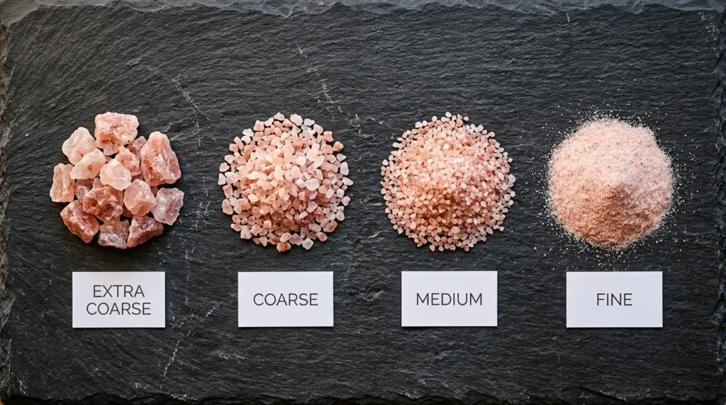 Four piles of pink Himalayan salt on a black slate board showing grind progression from extra coarse crystals on the left to fine powder on the right
