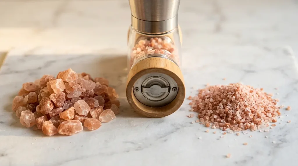 Side-by-side comparison of coarse and medium-coarse ground pink Himalayan salt crystals on a marble surface next to a ceramic salt grinder