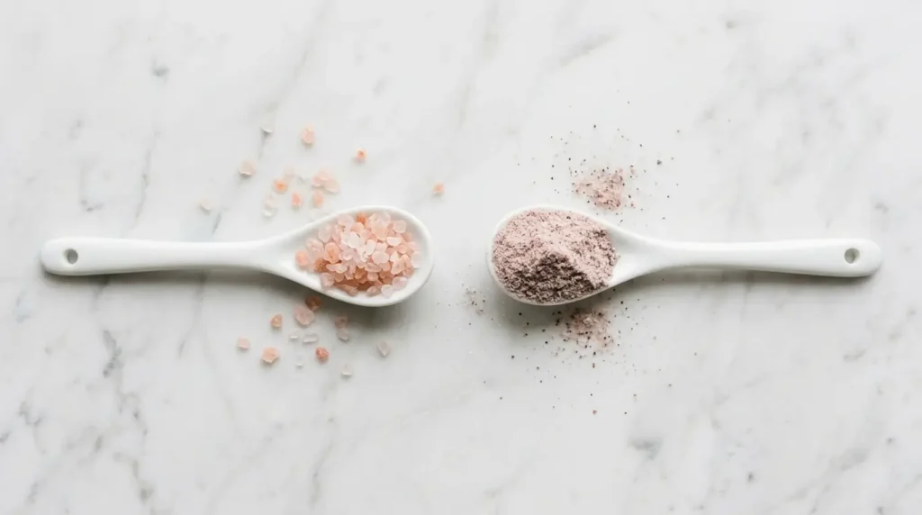 Two white ceramic spoons on marble — one with pink Himalayan salt crystals, one with gray-pink ground kala namak powder