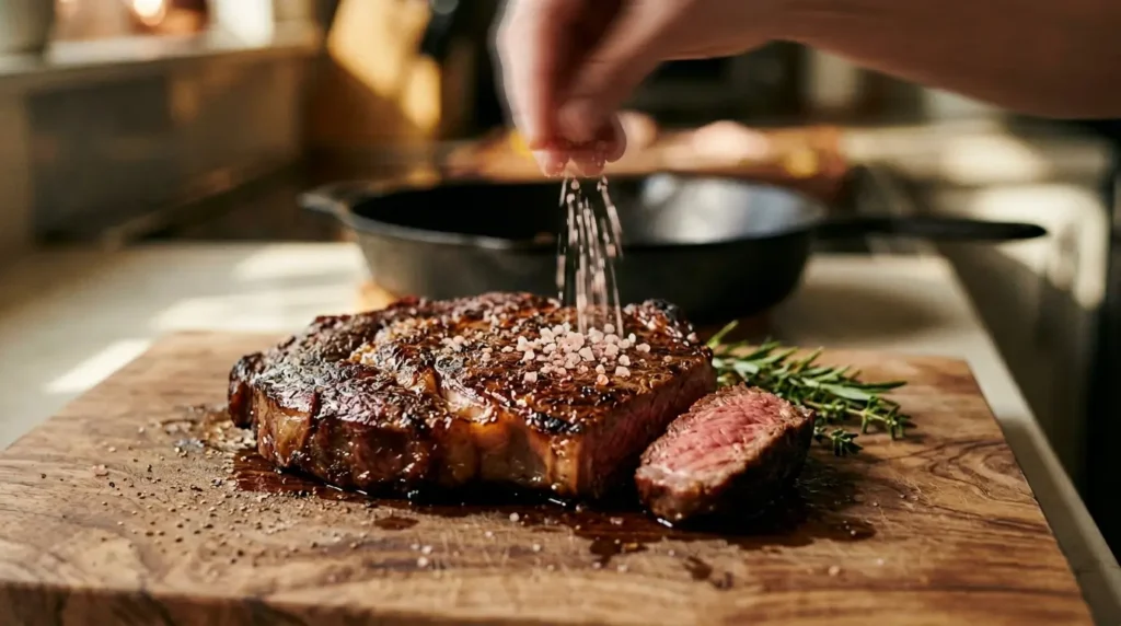 Coarse pink Himalayan salt crystals being sprinkled by hand onto a seared ribeye steak on a cutting board