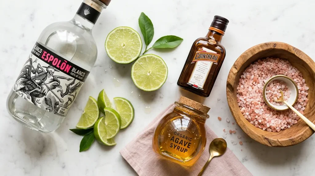 Overhead flat lay of classic margarita ingredients: blanco tequila, halved limes, Cointreau, agave syrup, and a bowl of pink Himalayan salt on marble