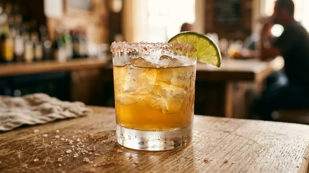 A classic margarita in a rocks glass with a pink Himalayan salt rim and lime wedge garnish on a wooden bar surface