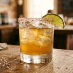 A classic margarita in a rocks glass with a pink Himalayan salt rim and lime wedge garnish on a wooden bar surface