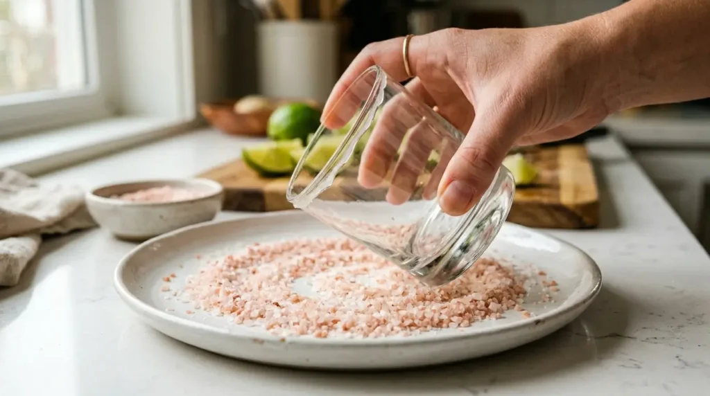 Hand tilting a rocks glass at 45 degrees through pink salt on a plate to demonstrate the correct rimming technique