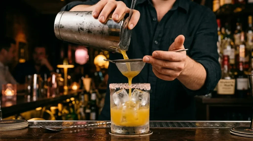 A margarita being fine-strained through a mesh strainer into a pink salt rimmed rocks glass over large clear ice