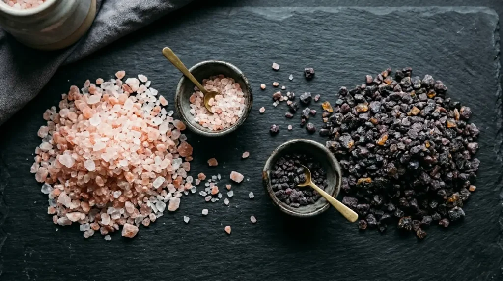 Pink Himalayan salt crystals next to purplish-black kala namak on a dark slate surface
