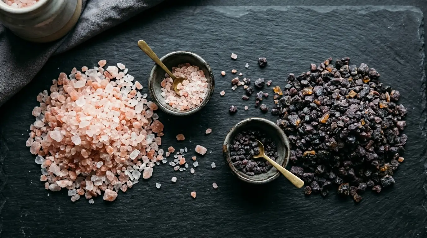 Pink Himalayan salt crystals next to purplish-black kala namak on a dark slate surface