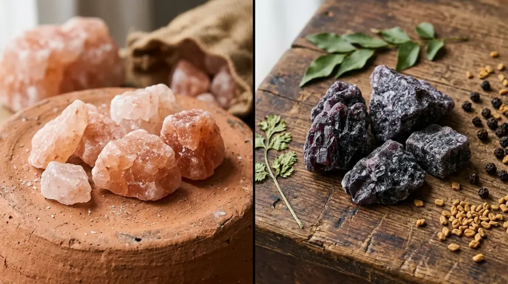 Raw pink Himalayan salt chunks on the left, raw purplish-black kala namak crystals on the right