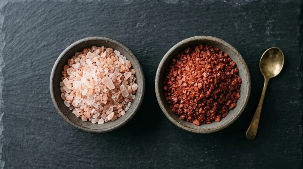 Bowls of pale pink Himalayan salt and deep red Hawaiian Alaea salt side by side, showing the color difference between the two pink salts