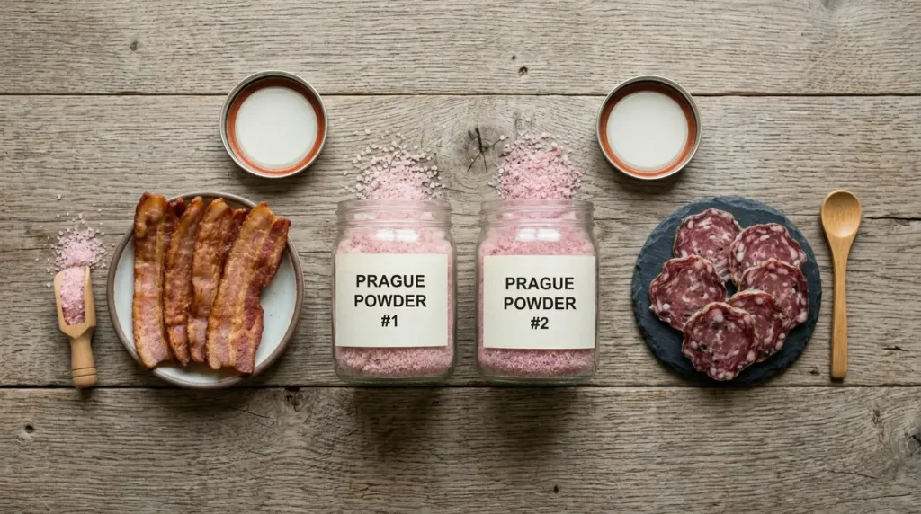Side-by-side jars of Prague Powder #1 and #2 with bacon and dry-cured salami representing their typical uses